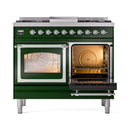 Emerald green range with both ovens open and chrome door handles