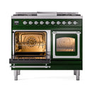 Emerald green dual fuel range with one oven door open and the other glass door