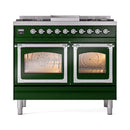 Emerald green range with chrome trims and two closed glass oven doors