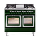 Emerald green gas dual-fuel range with chrome-trimmed twin oven doors and burner grates
