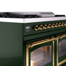 Emerald green range control panel with brass knobs and digital display above oven door