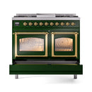 Emerald green dual fuel range with two oven doors, brass trim, and glass windows