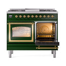 Emerald green range with one oven door open, showing interior light and wire racks