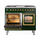 Emerald green dual-fuel range with both oven doors open, showing racks and burners