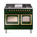 Emerald green dual fuel range with two oven doors and brass trim, top gas burner grates