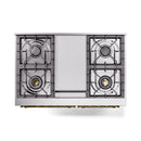 Emerald green dual fuel range cooktop section with four burners and brass accents
