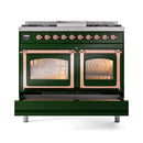 Emerald green dual-fuel range with two oven glass doors and copper trim handles