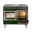 Dual-fuel range with both oven doors open, racks inside, and copper handle bar