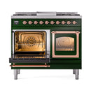 Dual-fuel range with left oven open and right oven door, copper trim and knobs