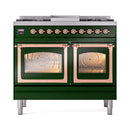 Emerald green dual fuel gas range with copper trim and triple-glass oven doors