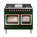 Emerald green dual-fuel range with two oven glass doors and copper trim