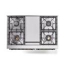 Top view of dual fuel range showing four burner grates and center griddle section