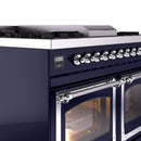 Midnight blue control panel with chrome knobs and two glass oven doors