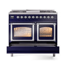 Midnight blue dual fuel range with dual ovens and chrome-trimmed glass doors