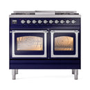 Midnight blue dual fuel range with triple glass door ovens and chrome trim