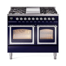 Midnight blue dual fuel gas range with burners and dual oven doors open glass