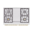 Midnight blue dual fuel range burners and grates with central cover, front brass bar detail