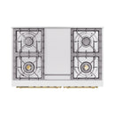 Stainless gas cooktop with four burner grates and center bridge