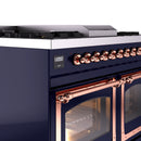 ILVE range control panel with copper knobs and digital display above open oven door