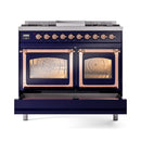 ILVE gas dual fuel range front view, midnight blue, copper-trimmed dual glass oven doors