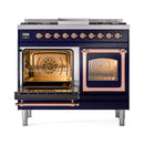 Midnight blue dual-fuel range with triple-glass oven doors and copper trim, front view