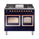 ILVE gas dual fuel range, midnight blue with copper trim, two glass ovens and 6 burners