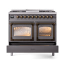 Matte graphite range with bronze trim, dual glass oven doors, and front control knobs
