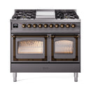 Matte graphite dual fuel range with bronze knobs and dual ovens with glass doors