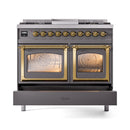 Matte graphite dual fuel range with brass trim, two oven doors closed, griddle on top