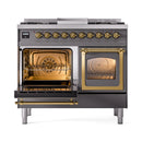 Dual fuel gas range with both ovens open and brass racks, matte graphite finish