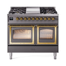 Matte graphite dual fuel gas range with brass trim and two triple-glass oven doors