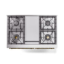 Dual fuel gas range view of four burners and central griddle panel