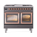 Dual fuel gas range with two glass-front ovens, copper-trimmed doors, matte graphite