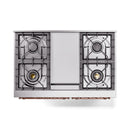 Dual fuel range cooktop with four metal gas grates and a central stainless-style panel