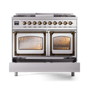 Stainless dual-fuel range with two glass oven doors closed and bronze-trim control knobs