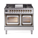 Stainless steel range with twin burners, brass knobs, and two ovens with glass doors