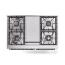 Stainless steel gas range cooktop with two burner grates and central control panel