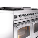 Stainless steel range control knobs and handle with oven glass door detail