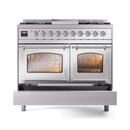 Stainless steel dual fuel gas range with two oven doors and lower storage drawer open