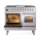 Stainless steel dual fuel range with left oven open and right oven glass door closed