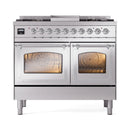 Stainless steel dual fuel gas range with two oven doors closed, viewing windows