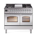Stainless steel dual fuel gas range with two oven doors and multiple burners on top