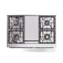 Stainless steel cooktop with four burner grates and burner caps