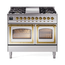 Stainless steel dual fuel range with brass-trimmed open ovens and visible interior racks