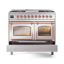 Stainless steel range with two glass oven doors and copper-trimmed handles