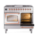 Stainless steel range with right oven door open, copper handle, and oven racks
