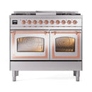Stainless steel dual-fuel gas range with copper-trimmed controls and two oven doors