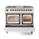 White dual fuel range with both oven doors closed, bronze-trimmed handles and knobs