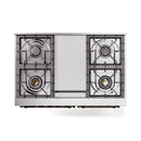 White dual-fuel gas range front view showing four burner grates and central panel