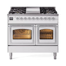White dual-fuel gas range with burners and two open triple-glass oven doors